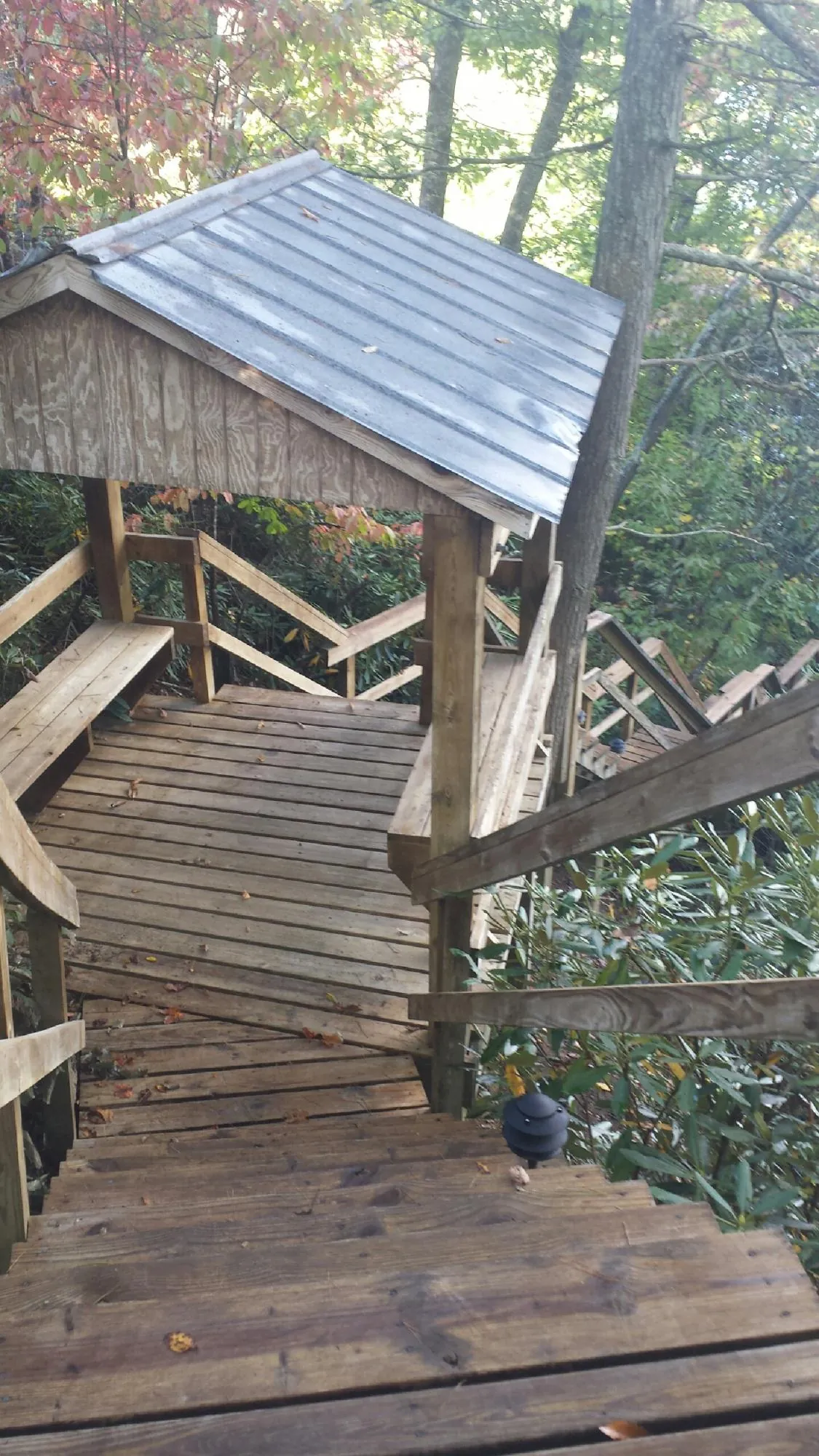 Metal roofed shelter over wooden steps on a wooded walkway — Skylight Repair & Installation work by our crew in Eaton